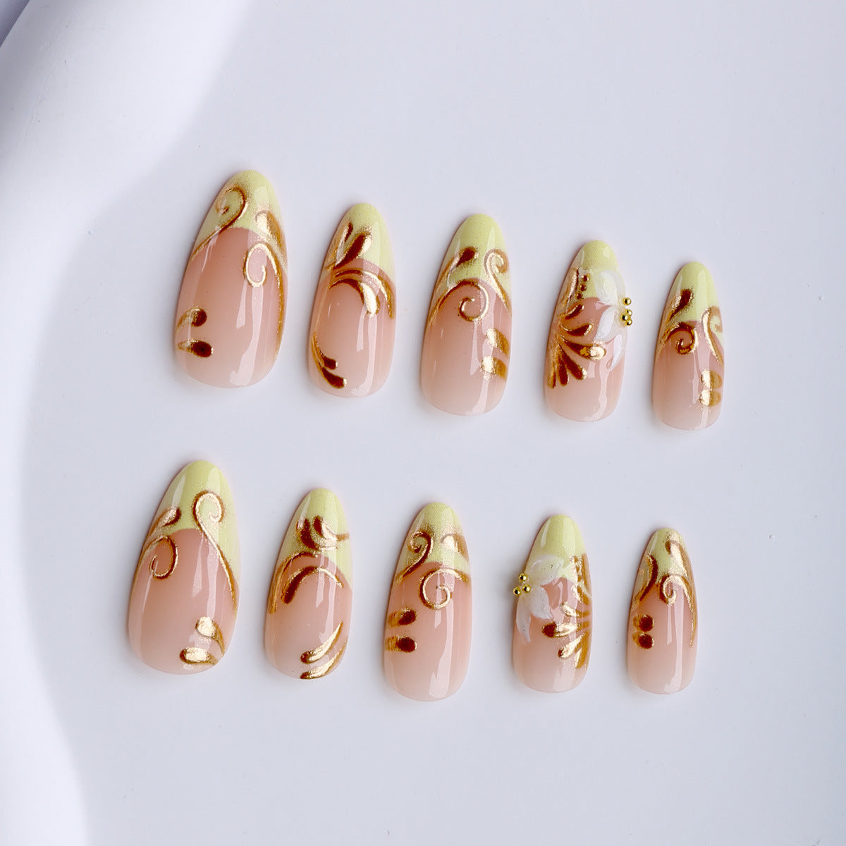 Golden Floral Medium Almond Artistry Press On Nail Set