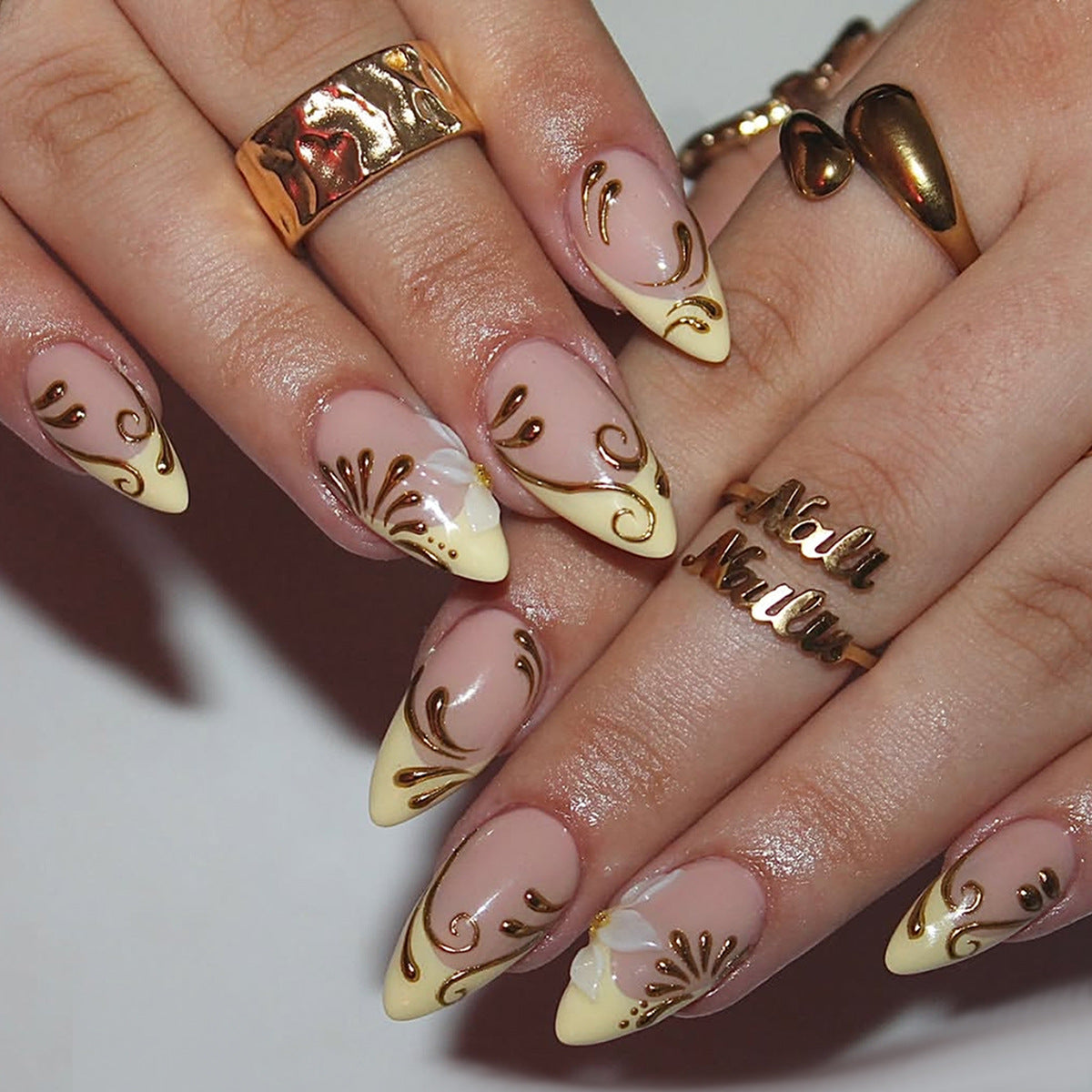 Elegant Floral Medium Almond Yellow and Gold Embellished Press On Nail Set