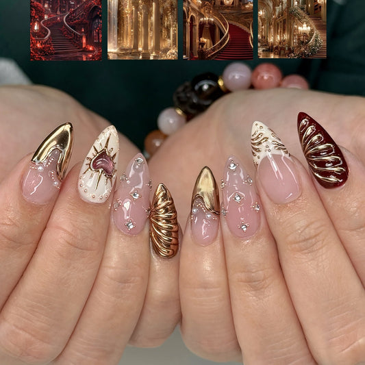 Glamorous Gothic Medium Stiletto Burgundy with Elegant Gold Accents Press On Nail Set