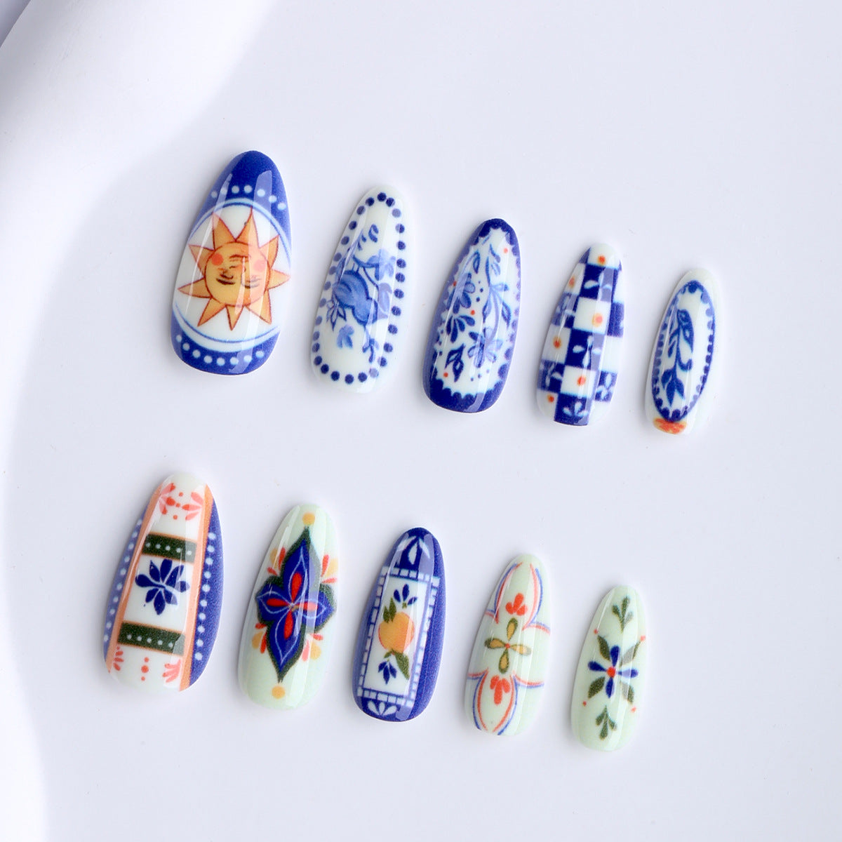 Bohemian Floral Medium Almond Blue and White Design Press On Nail Set