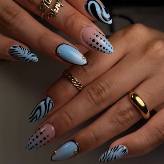 Glamorous Blue Stiletto Medium Press On Nail Set with Unique Patterns and Gold Accents