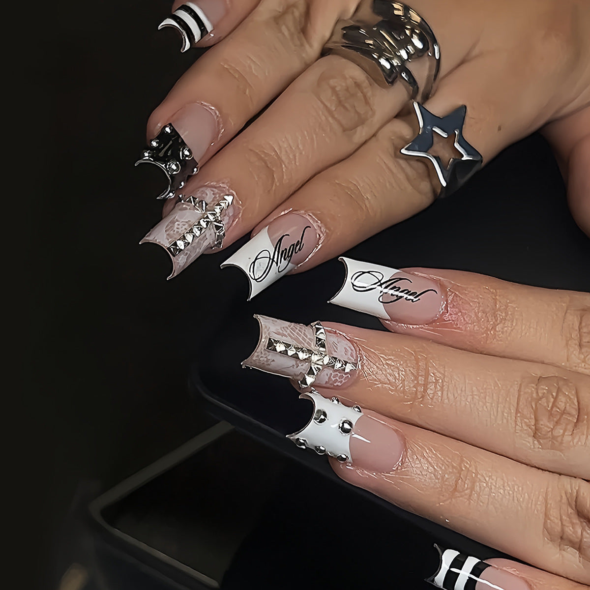Elegant Decadence Medium Square Black and White Design with Unique Rhinestone Accents
