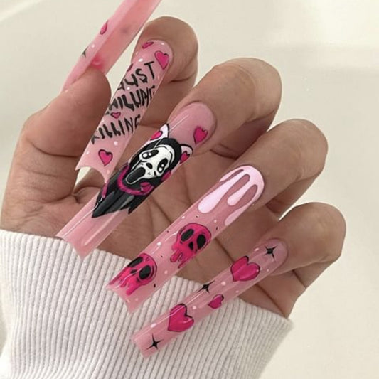 Kawaii Inspired Long Square Pink Nail Set With Heart And Skull Designs For A Unique Creative Look
