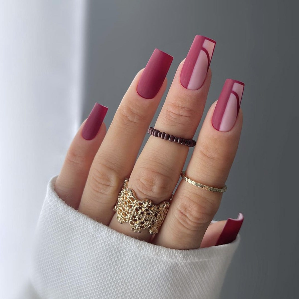 Elegant Autumn Vibes Long Square Mauve Press On Nail Set with Creative Negative Space Design