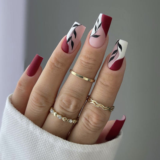 Chic Blossom Long Square Burgundy White and Pink Marble Design Press on Nail Set