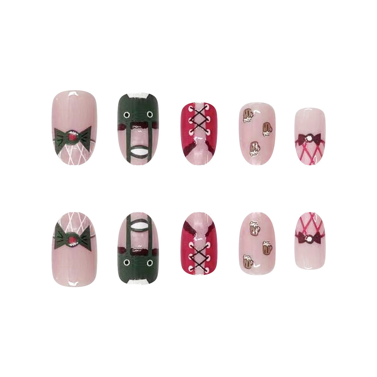 Gothic Romance Short Oval Pink and Burgundy Press On Nail Set with Lace and Bow Accents