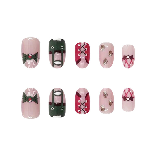 Gothic Romance Short Oval Pink and Burgundy Press On Nail Set with Lace and Bow Accents