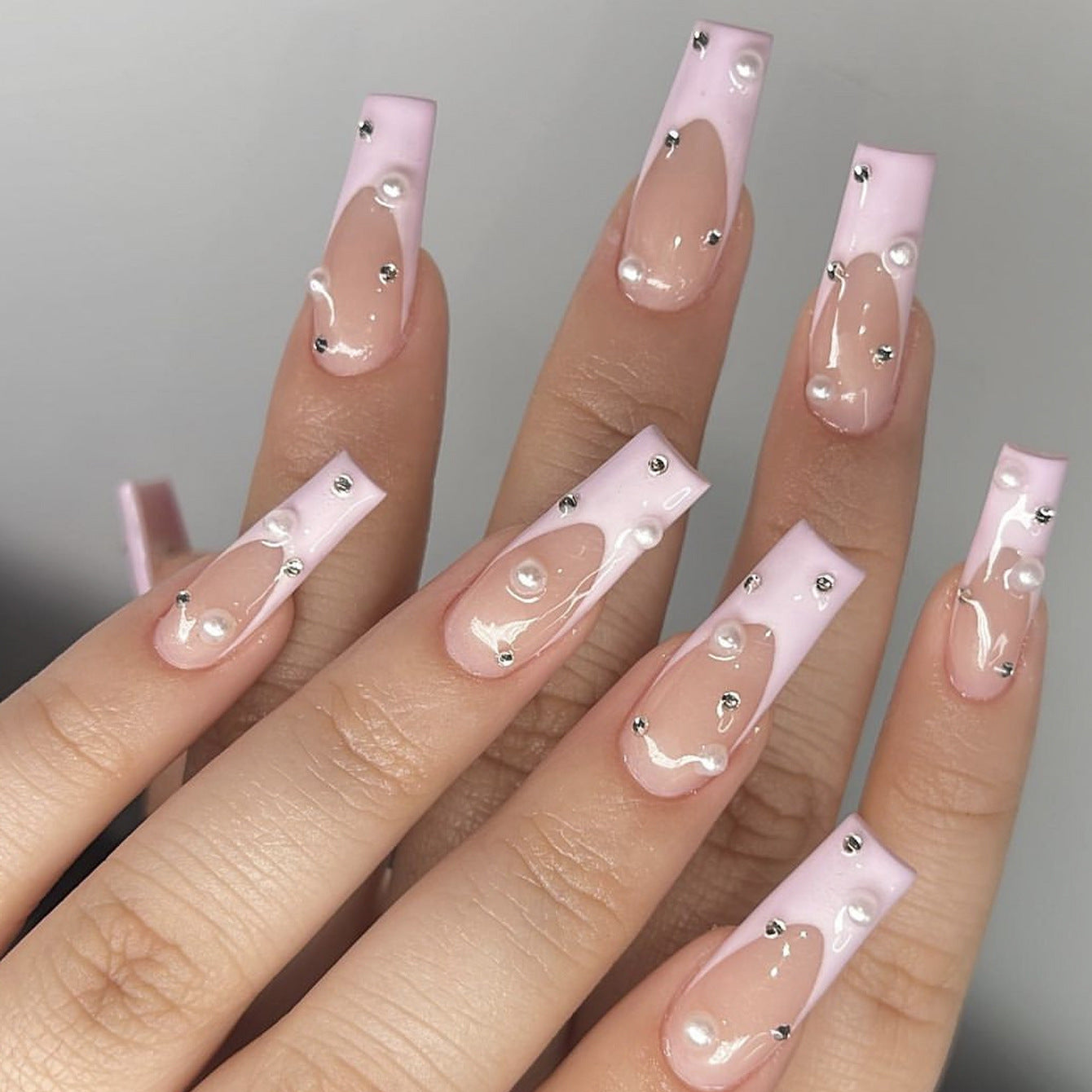 Dreamy Delicate Long Square Pink Nails with Pearl and Gem Accents