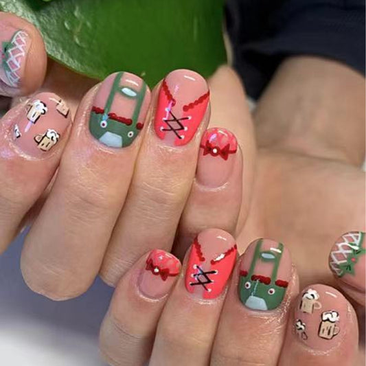 Enchanted Garden Short-Length Oval Press On Nails Set in Pastel Green and Peach Tones with Floral and Animal Accents