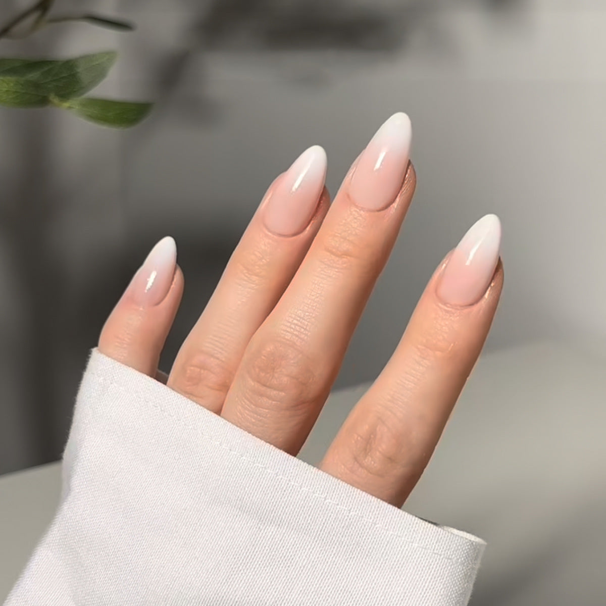 Elegant Beach Escape Long Almond White Ombre Press On Nail Set with Glossy Finish