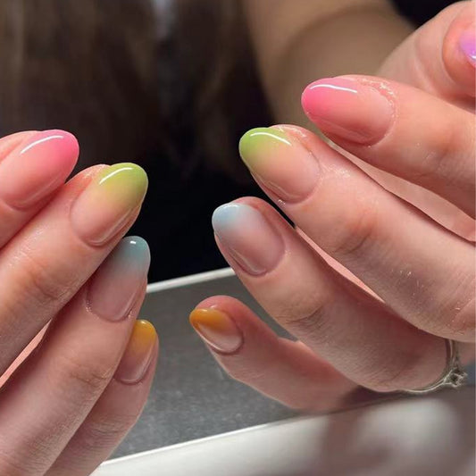 Dreamy Ombre Press On Nail Set Short Oval Colorful Gradient with Glossy Finish