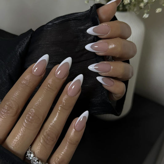 Elegant French Tip Almond Press On Nail Set Long White and Beige Glossy Design Unique Smooth Finish