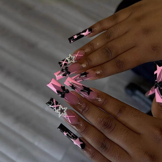 Glamorous Starry Night Extra Long Square Pink and Black Nail Set with Unique Gemstone Accents