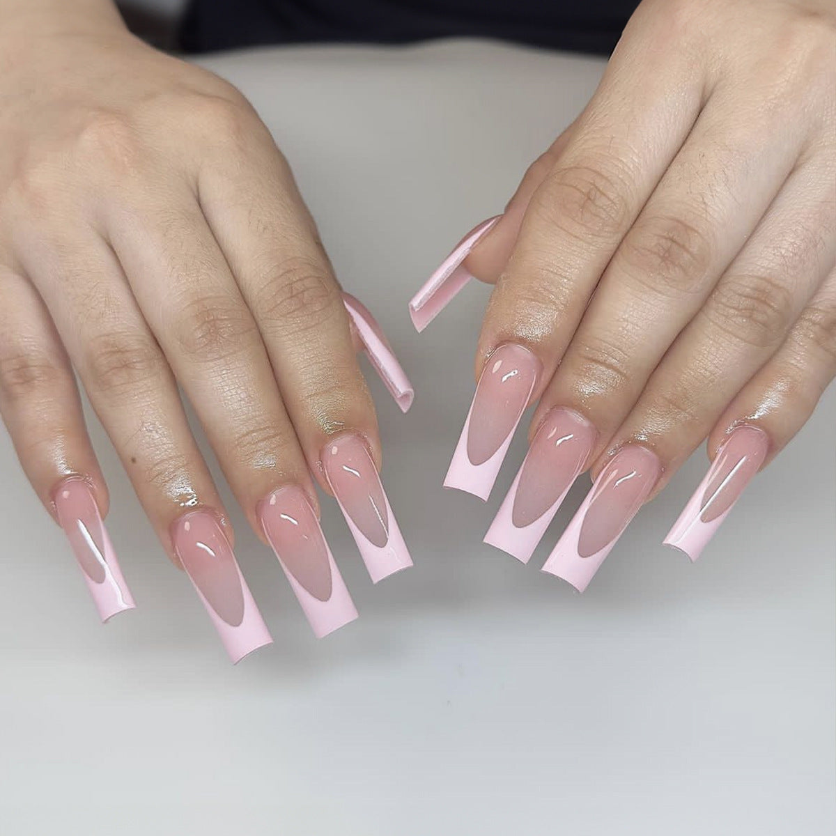Chic Blossom Long Square Pink Gradient Press On Nail Set with Glossy Finish