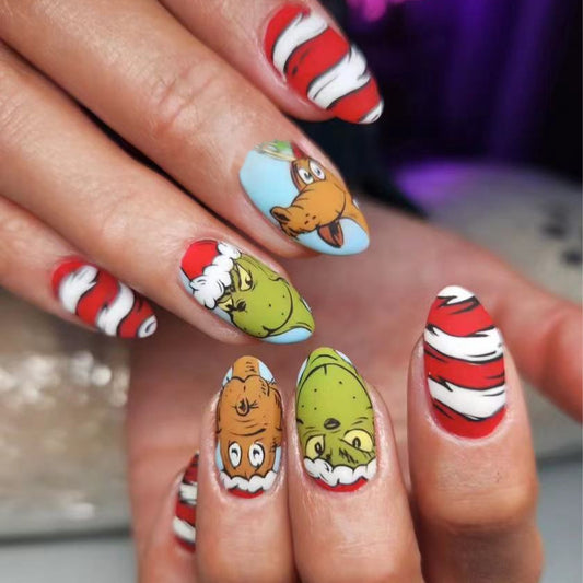Whimsical Holiday Spirit Medium Almond Red And White Striped With Cartoon Characters Press On Nail Set