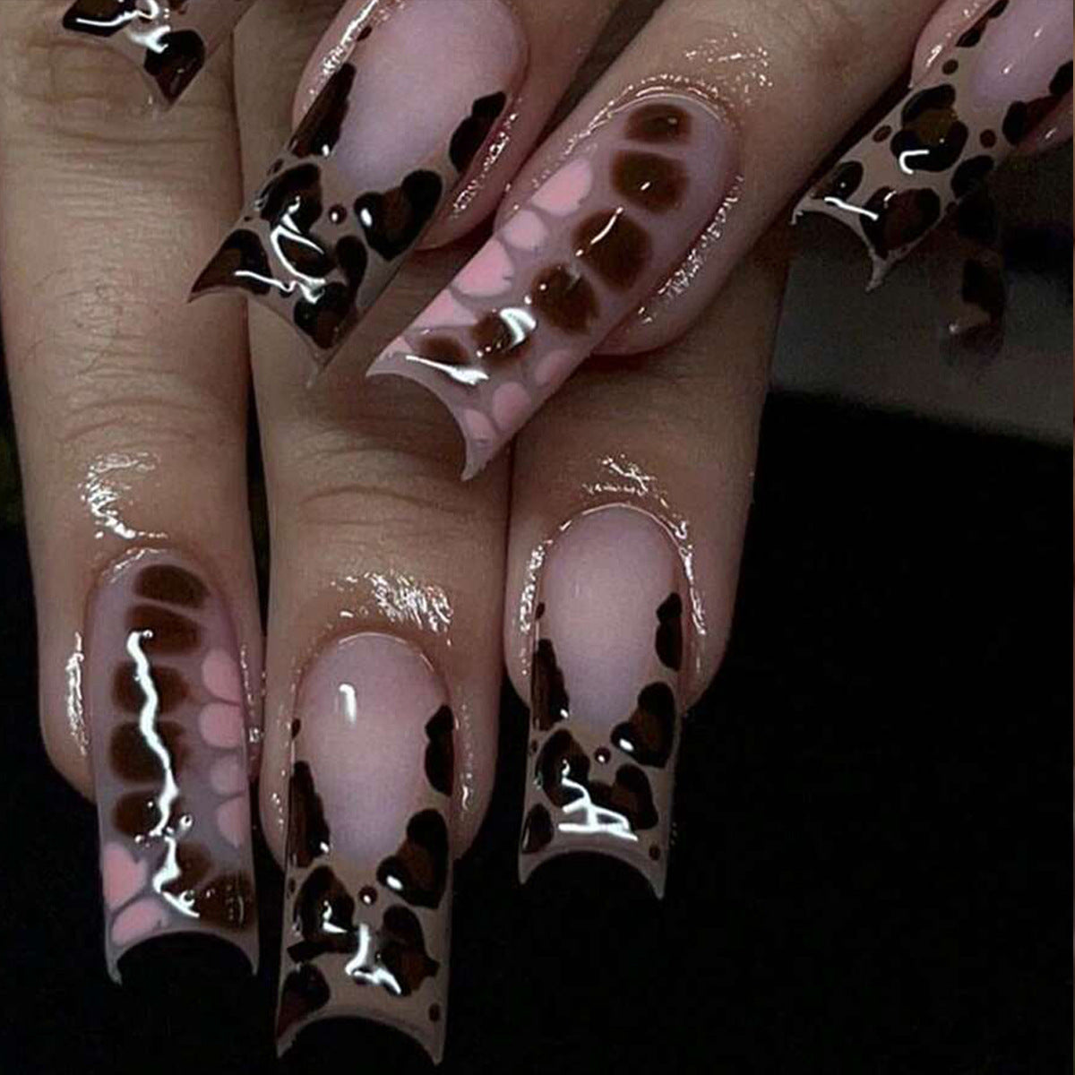 Wild Safari Extra Long Square Press On Nails in Pink and Brown Cheetah Print with Glossy Finish