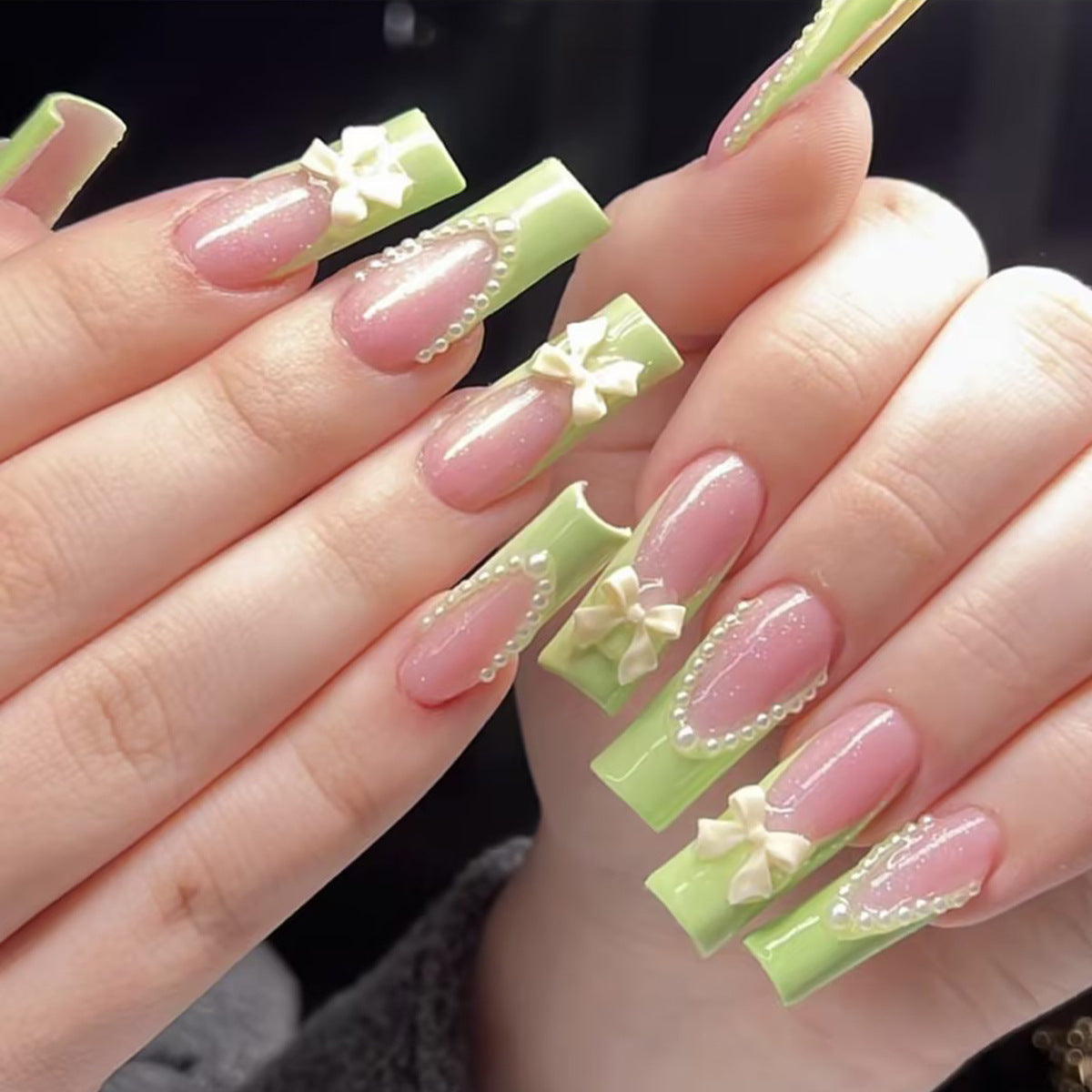 Elegant Spring Dreams Long Square Green and Pink Press On Nail Set with Pearl and Bow Accents