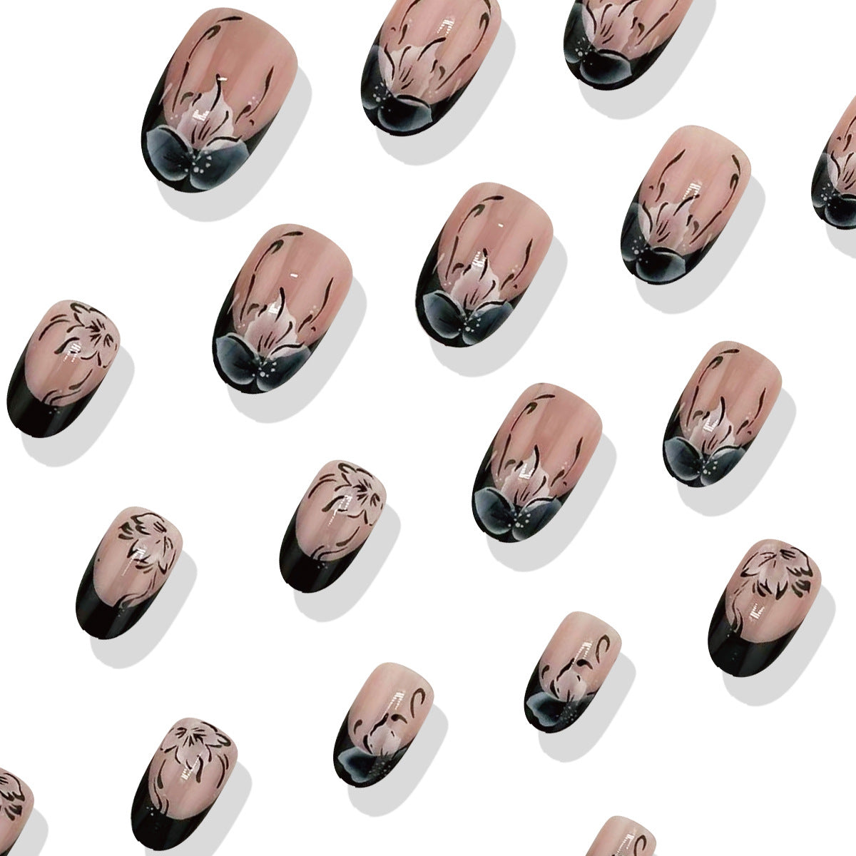 Whimsical Floral Elegance Short Length Oval Shape Pink and Black Press On Nail Set with Intricate Blossom Designs