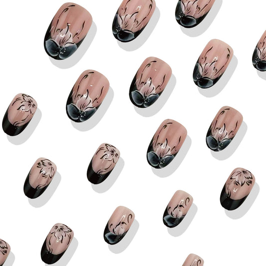 Whimsical Floral Elegance Short Length Oval Shape Pink and Black Press On Nail Set with Intricate Blossom Designs