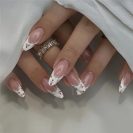 Charming Floral Elegance Long Almond Shaped White and Pink Lace Press On Nail Set