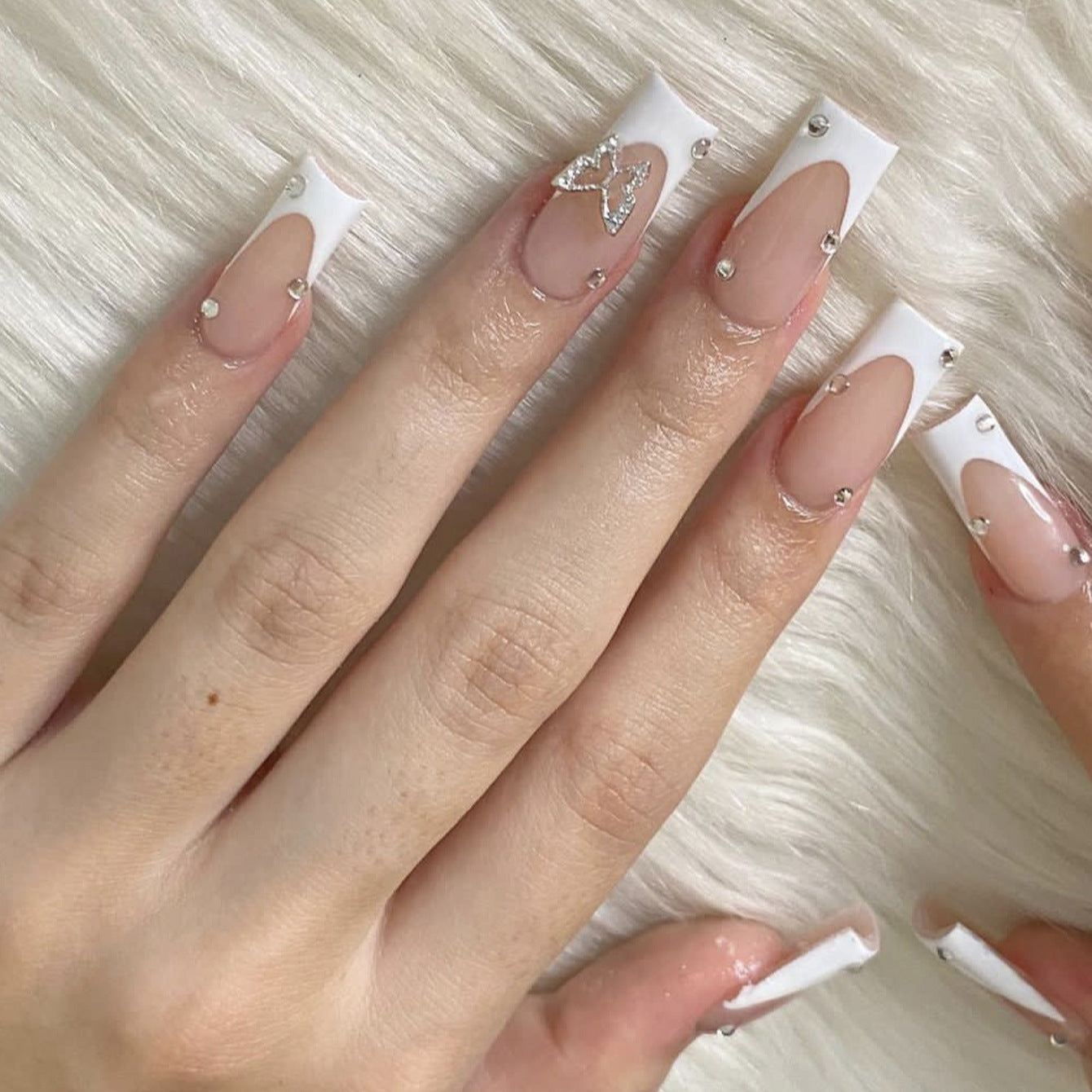 Elegant Fairy Tale Long Square White Press On Nail Set with Rhinestone Butterfly Design