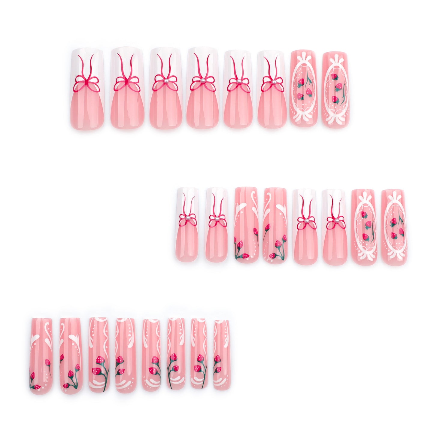 Charming Blossom Delight Long Coffin Pink Nail Set with Floral Design and Elegant Bow Accents
