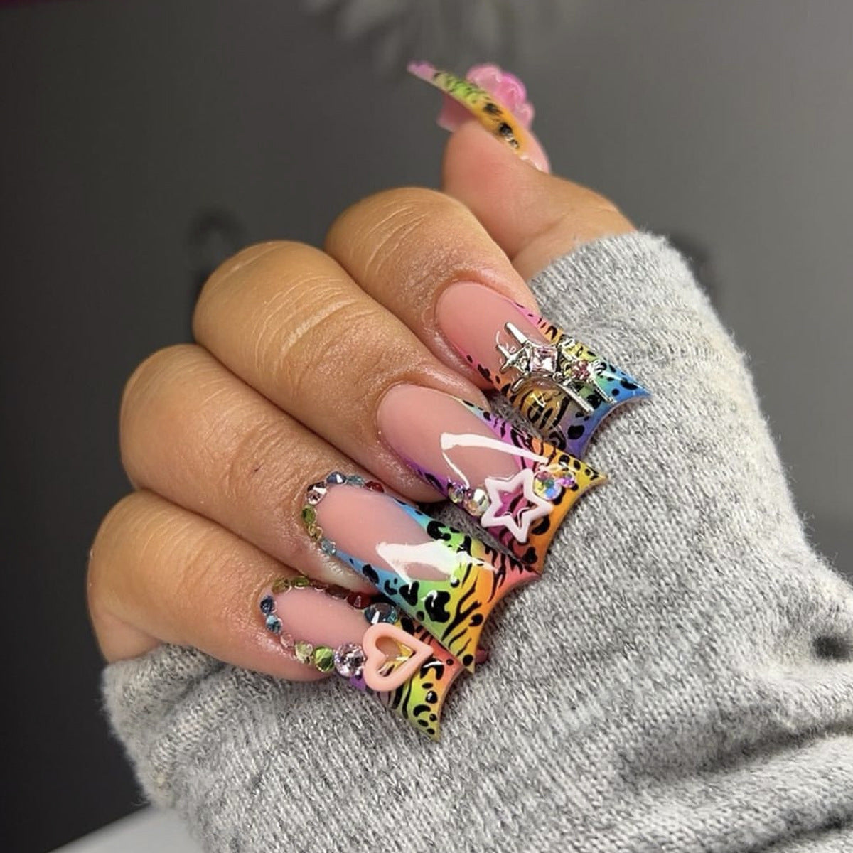Vibrant Tropical Long Duck Multicolor Nail Set with Unique Heart and Star Rhinestone Accents