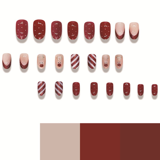 Festive Holiday Charm Press On Nail Set Long Almond Burgundy with Glitter and Cute Reindeer Designs