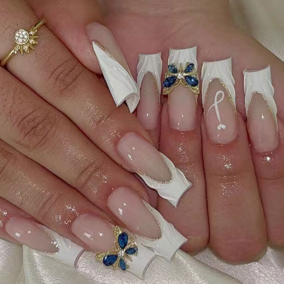 Elegant Butterfly Dream Press On Nails Long Square Shape White with Blue Gem Accents