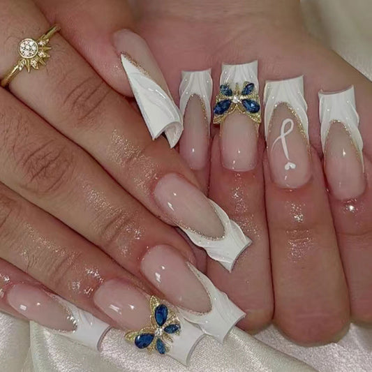 Elegant Butterfly Dream Press On Nails Long Square Shape White with Blue Gem Accents