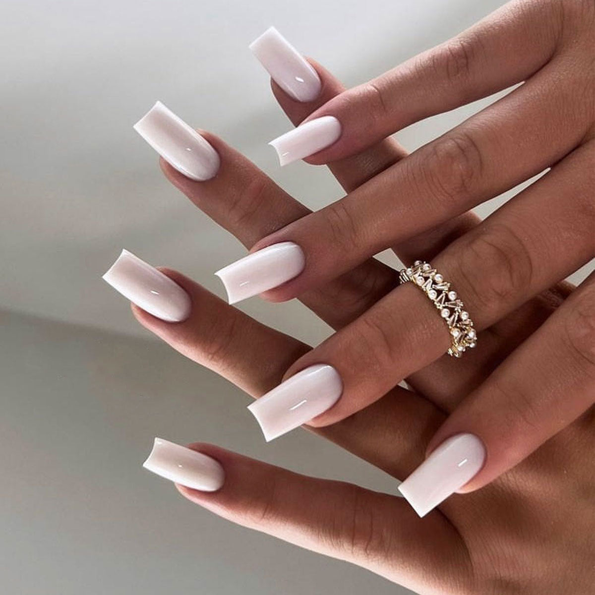 Elegant Serenity Long Square White Glossy Press On Nail Set with Chic High Shine Finish