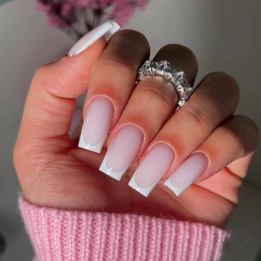 Elegant Dreamy Square Press On Nail Set Long Ombre Pink and White with Glossy Finish