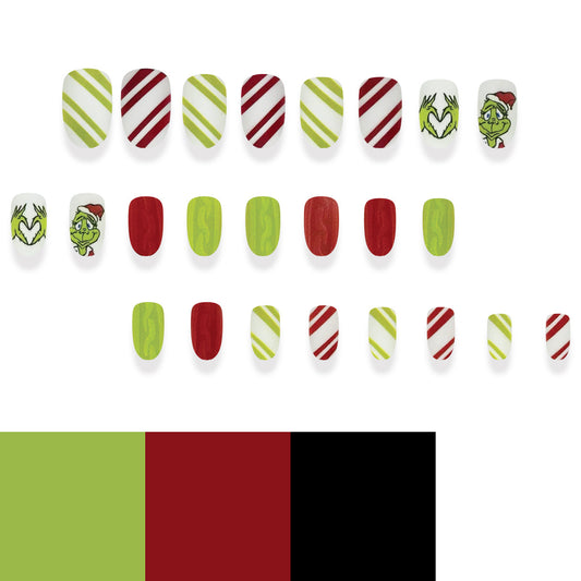 A set of press-on nails featuring various Christmas-themed designs, including holiday stripes and a character illustration in green and red.