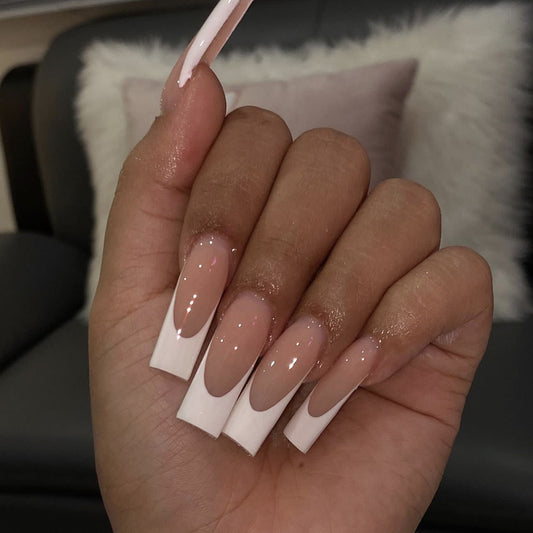 Elegant Dreamscape Long Square Press On Nails in Soft Beige and Crisp White with Unique Glossy Finish