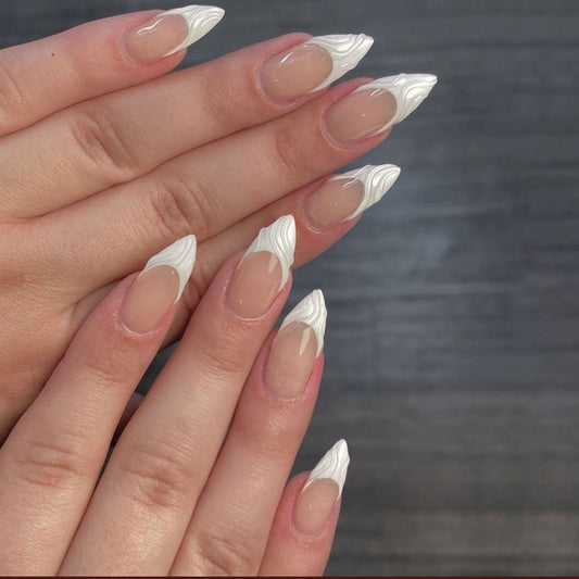 Whimsical Winter Wonderland Long Almond White Marble Press On Nail Set