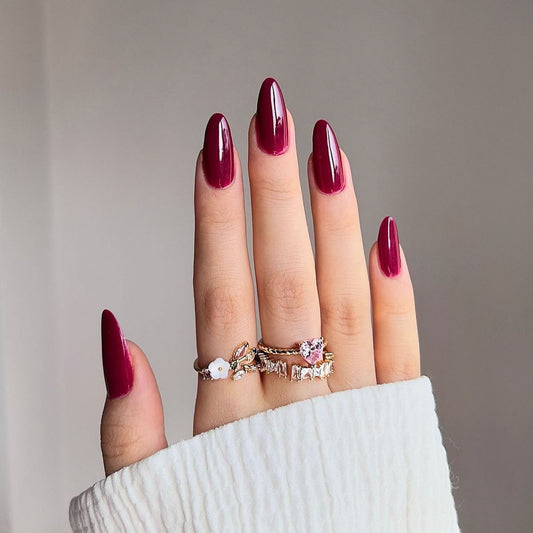 Elegant Evening Glossy Long Almond Shaped Deep Burgundy Press On Nail Set with Shine Finish