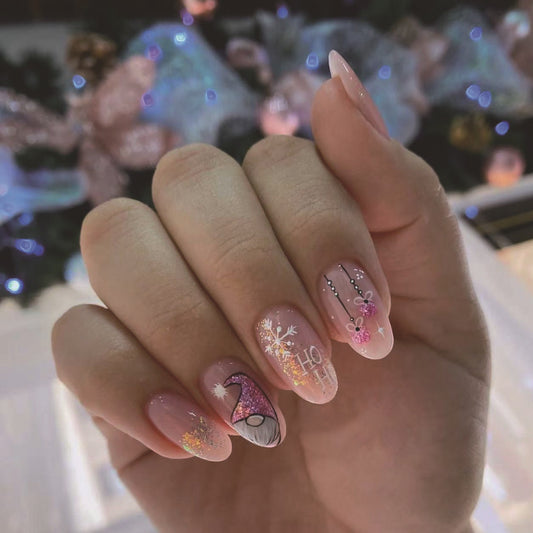 Whimsical Winter Glitter Medium Almond Pink Press On Nail Set with Charming Holiday Artwork