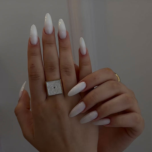 Elegant Winter Wonderland Long Almond Nails Glossy White with Ombr√© Finish