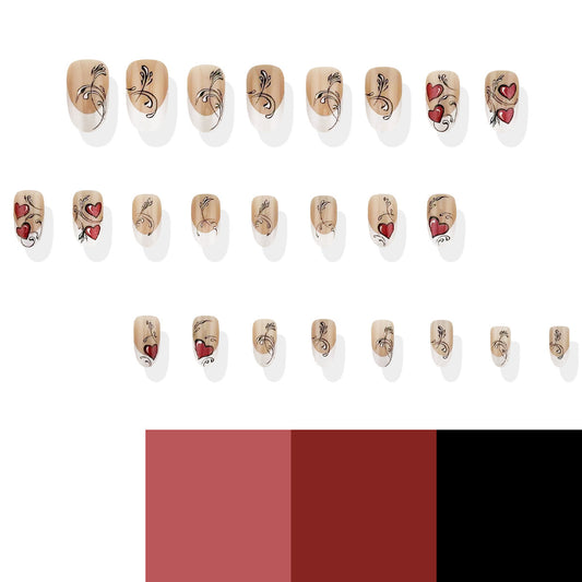Romantic Whispers Short Round Beige and red floral art press on nail set with elegant heart designs