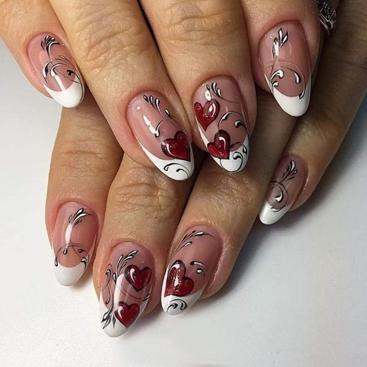 Romantic Heartfelt Short Round Shaped White and Beige Press on Nail Set with Artistic Red Heart Designs