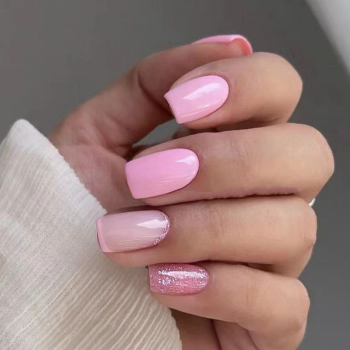 Dreamy Blossoms Medium Square Pink Press On Nail Set with Glitter Accent for a Chic Manicure