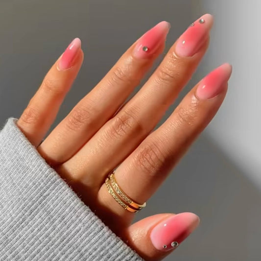 Enchanting Elegance Long Almond Pink Ombre Press On Nail Set with Sparkling Gem Accents