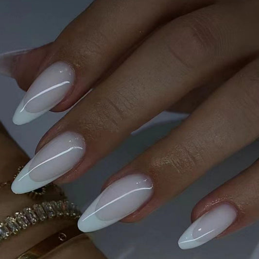 Elegant Frosted Fantasy Long Almond White Press On Nail Set with Glossy Finish and Intricate Line Design