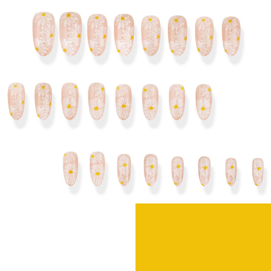 Blooming Daisy Delight Natural Pink Medium Almond Press-On Nail Set with Charming Floral Design