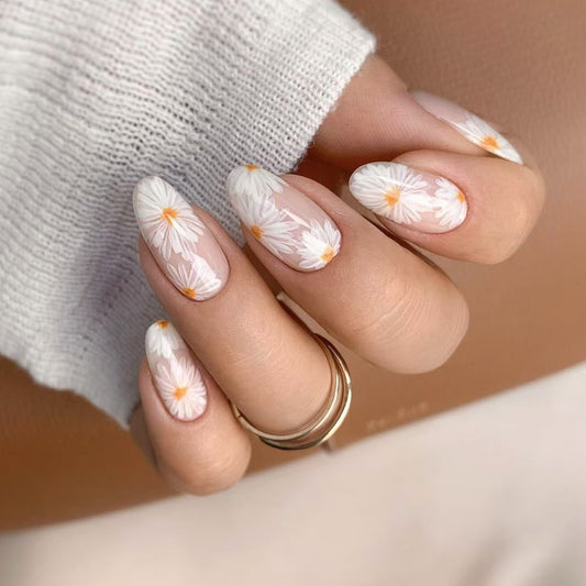 Bohemian Elegance Medium Almond Floral White Press-On Nail Set with Dainty Yellow Accents