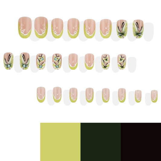 Tropical Vibes Short Oval Green and Beige Press-On Nail Set with Floral Accents