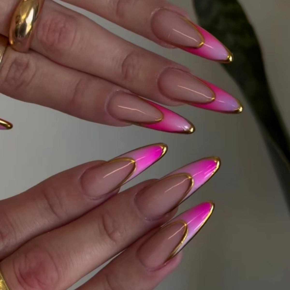 Fantasy Sunset Long Almond Press On Nail Set Gradient Pink and Gold Trim with Glossy Finish