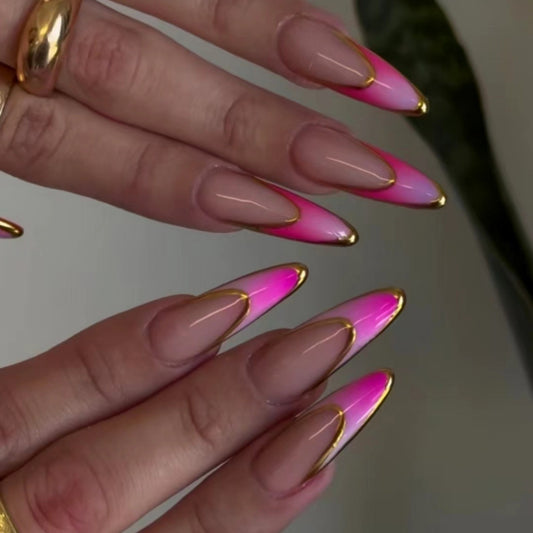 Fantasy Sunset Long Almond Press On Nail Set Gradient Pink and Gold Trim with Glossy Finish