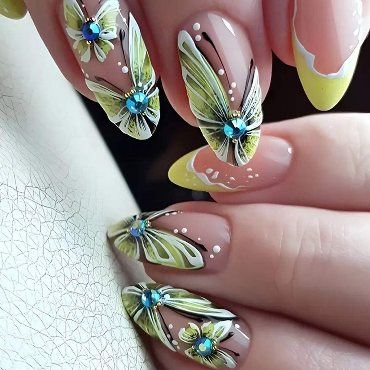 Whimsical Butterfly Garden Medium Almond Green and Yellow with Crystal Accents Press on Nail Set