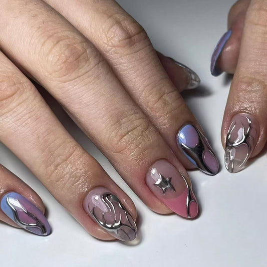 Cosmic Elegance Short Almond Pastel Colors with Shiny Metallic Swirls and Star Accent Nail Set